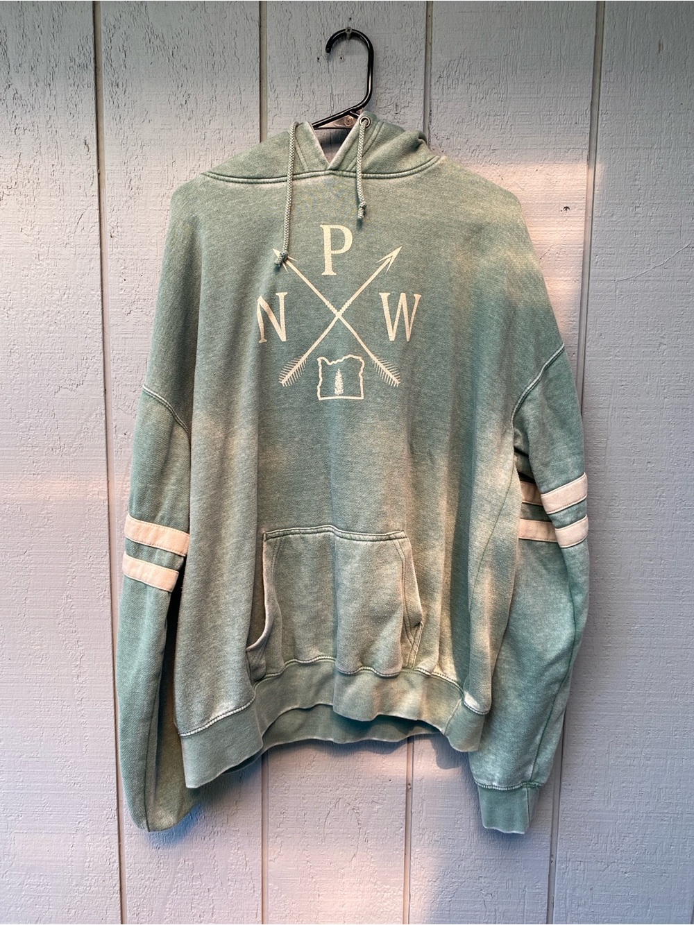 Vintage women’s Sage Green Hoodie with Cream Logo & Sleeve Stripes